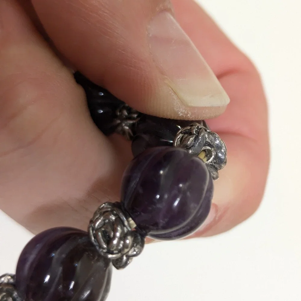 Carved Purple Melon Bead Stretch Bracelet Silver Tone Rose Floral Gemstone Boho